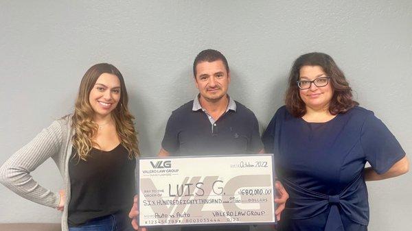 Thank you Luis for putting your trust in Valero Law Group! $680,000 recovered in a recent Auto V. Auto case