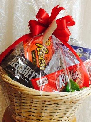 Gift basket with assorted candies.