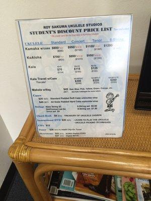 Price list for the items that they sell at the studio.