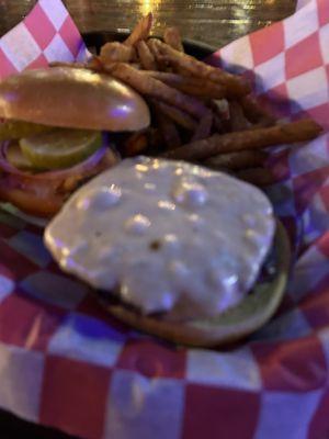 Cheeseburger with pepper jack and fries !