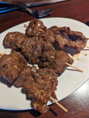 Beef skewers - super tender & medium rare, excellent!