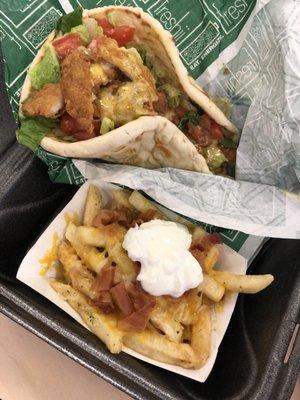 Honey chicken wrap on pita with loaded fries