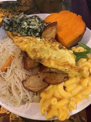 Lo mein, creamed spinach, Mac and cheese and sweet potato.