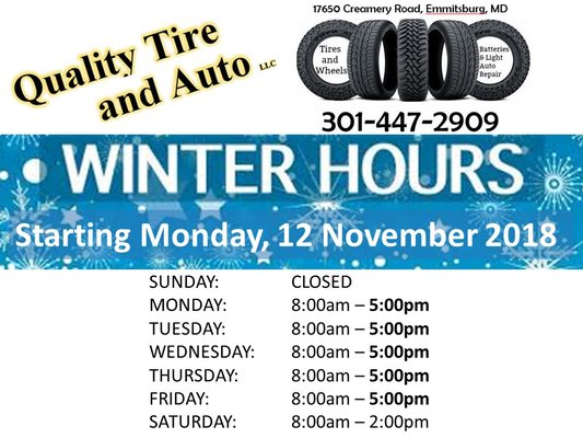 Winter hours effective Monday, November 12, 2018