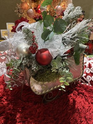 Red & Silver Sleigh with flocked silk evergreens