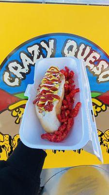 Cheeto Dog
 Fresh baked bread with premium all-beef hotdog wrapped in crispy bacon topped with beans, freshly diced tomatoes, onions covered