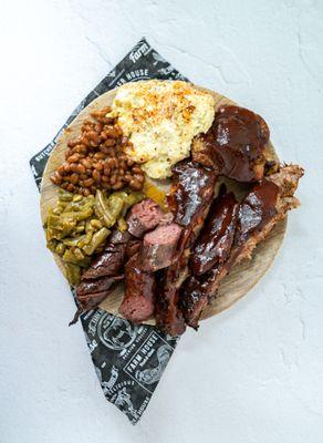 Two-Way [Ribs and Links, Potato Salad, Green Beans, and Bake Beans]