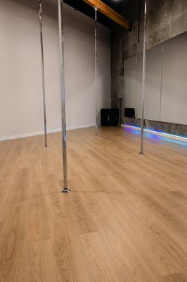 Pole studio with strip lighting.