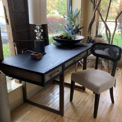 Espresso stained wood desk with pebbled leather insets. Renditions Furniture Boise, Idaho