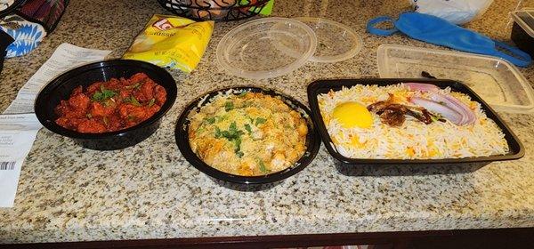 From left to right - chicken 65 (tasty but expensive), samosa chat (didn't taste like it) and vegetable biryani ( very dry and bland)