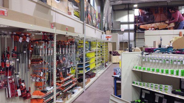 We stock clamps, sandpaper, nails, glues, wood, machines, and power tools