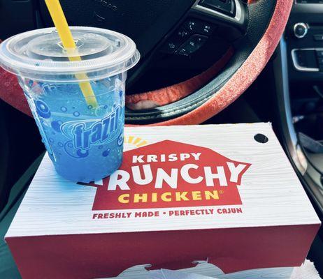 Chicken dinner box and Frazil slushie. Love their chicken and honey butter biscuits. Thank you AMI !!!