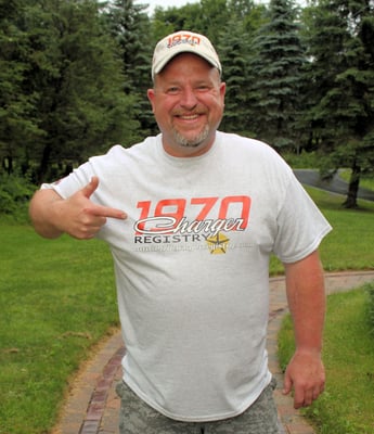 A T-shirt we imprinted and a matching hat that we embroidered for a member of the 1970 Charger Registry.