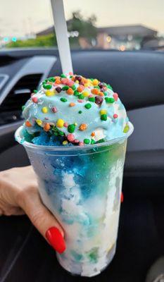 Rainbow road snowcone topped with nerd candy.