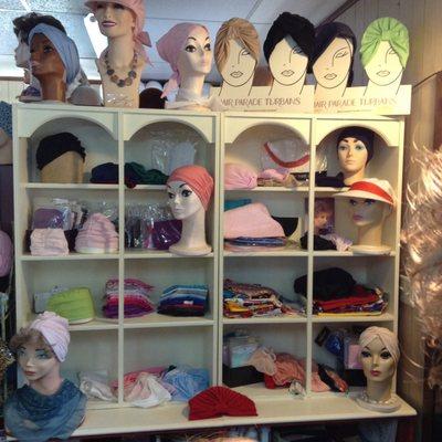 Several turban and head covering styles are available, featuring Thread Therapist, Jon Renau Softies, sleep caps and others.