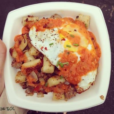 Gnocchi breakfast hash with vodka sauce, sausage and a fried egg. @gnocchime