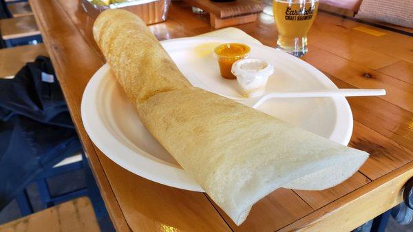 Masala dosa ($9), made vegan w/sunflower oil. Tasty. Nicely done.