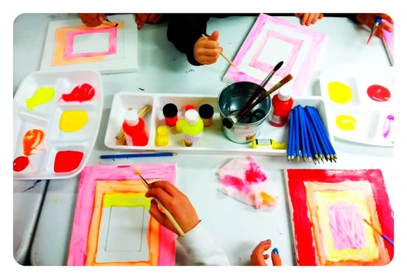 warm colors, minimalist work, geometric shapes...what else did we learn...oh yeah...how to have fun with paint!