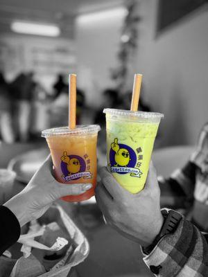 Yakult Green tea with Sakura Boba & Honeydew Milk Tea | @whaevaeats