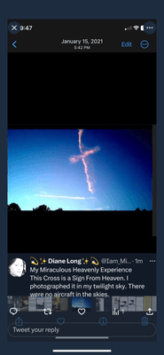 A cross in my twilight sky that was shown to me by Jesus Christ, my Lord and Savior. 
 Believe in Miracles!