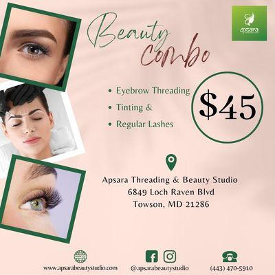 Beauty Combo offer for your brand new 2023! The offer includes: Eyebrow Threading+Tinting+Reg. Lashes  for $45