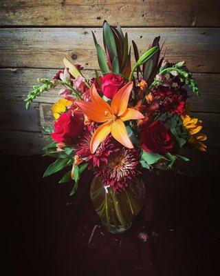 Fall Flower Arrangement with Lilies, Roses, and Mums