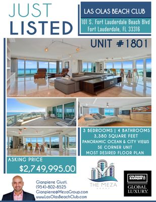 FOR SALE!! HIGHLY DESIRABLE SE CORNER RESIDENCE WITH GORGEOUS PANORAMIC OCEAN VIEWS, CITY & INTRACOASTAL VIEWS!