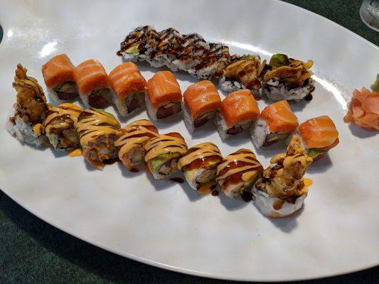 Sweet hot roll, hot chick roll, and spider roll.