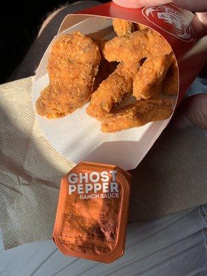 Ghost pepper sauce, jalapeño nuggets... surprisingly low heat level.