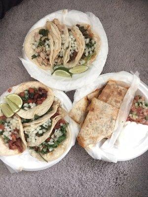 El pastor, beef, and chicken tacos and quesadillas