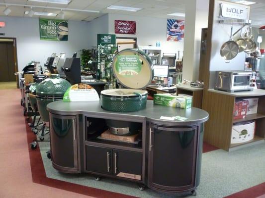 Big Green Egg's, the whole egg family on display.  Call and ask about our Rib cooking contest in June.