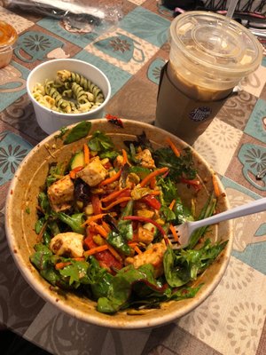 Salad, Pasta Salad, and Iced Coffee