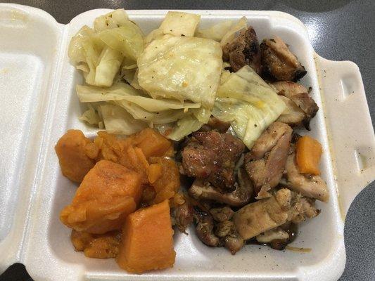 Charbroiled chicken, cabbage and sweet potatoes.