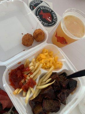 Brisket Plate, fries, macaroni & cheese, hush puppies and Vicious Fishes IPA