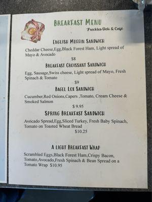 Breakfast menu