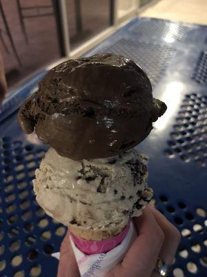 Chocolate Fudge and Tax Crunch on a sugar cone. I had chocolate all over my face by the end of it...but so worth it.