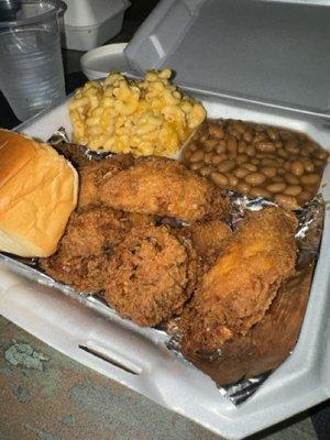 Fried wings, baked beans, and Mac n' cheese