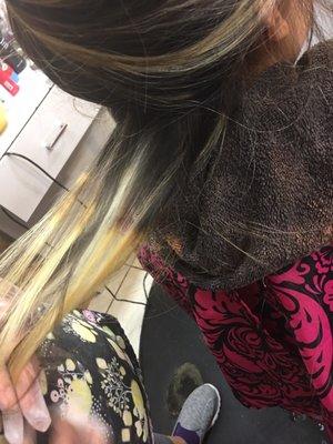 Patches of yellow everywhere. I had to go to ANOTHER salon to fix this mess