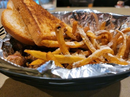 Chislic, toast, and parm fries.