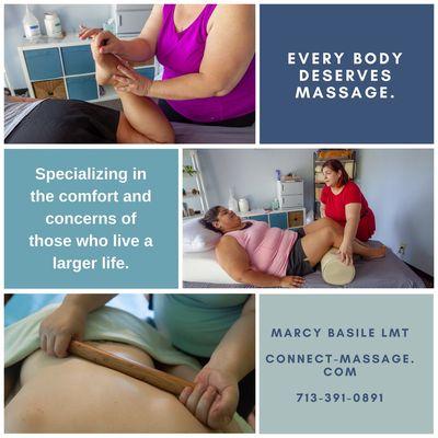 At Connect Massage, we specialize in the comfort and concerns of those living a larger life! Every body is welcome here