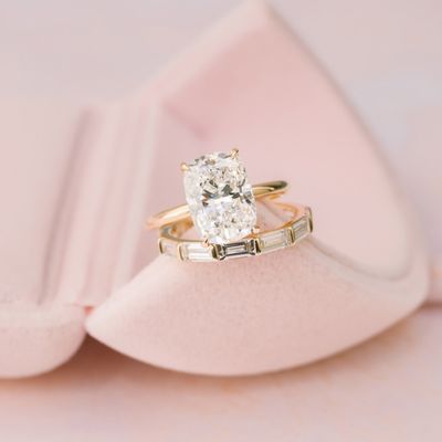 Cushion Petite Four Prong Engagement Ring and East West Baguette Wedding Band