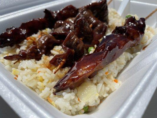 Fried rice combo. You can select different types of meat sides. We chose 2 beef and 2 chicken. This is all included. So good!