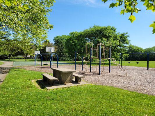 Picnic table, climbing structure, swings, tire swing, basketball court