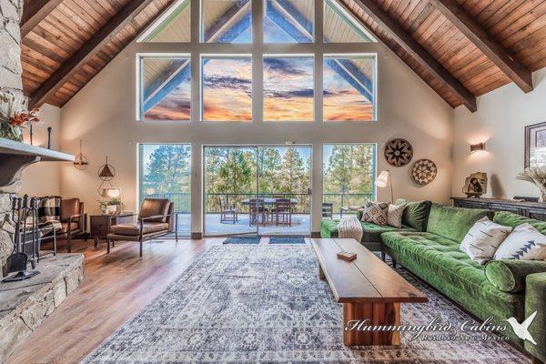 Wolf Lodge living room with bright open windows.