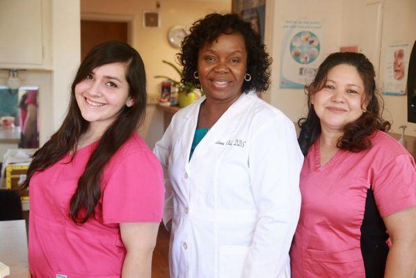 Meet our TEAM! (Left to Right) Juana, Office Manager; Dr. Philomena Oboh, our dentist for over 25 years; and Sonia, our Dental Assistant!