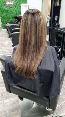 Balayage (handpainted highlights) on black hair (mine).