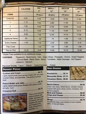 Menu pizza prices, desserts, and sides