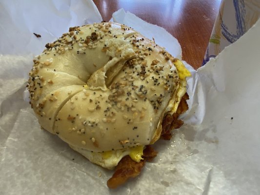 Fluffy everything bagel with two eggs, crispy bacon, and cheese. Delicious!