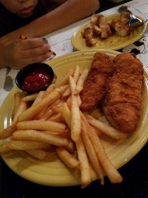 These tasty fresh chicken strips ($4.99 kids meal) includes a side and drink! Our kid is enjoying crayons and a coloring page. Kid friendly!