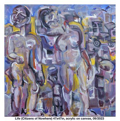 Life (fro m the series Citizens of Nowhere), 47x47inches, acrylics on canvas, 09/2023. The work parodies a modern-day Adam and Eve.